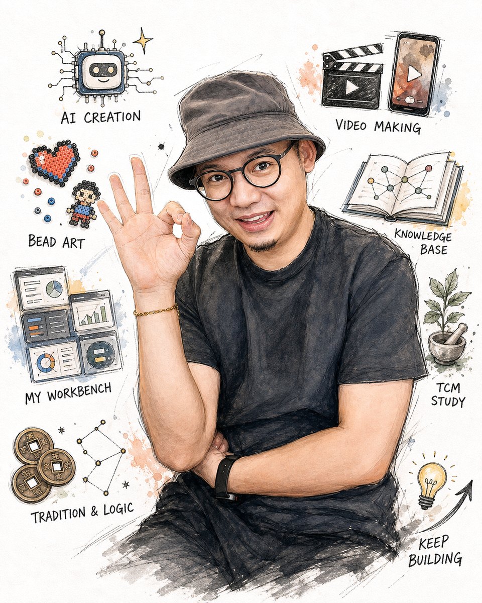 博仔的水墨自画像：戴渔夫帽比 OK 手势，环绕 AI、视频、拼豆、知识库、工作台、中医等小图标